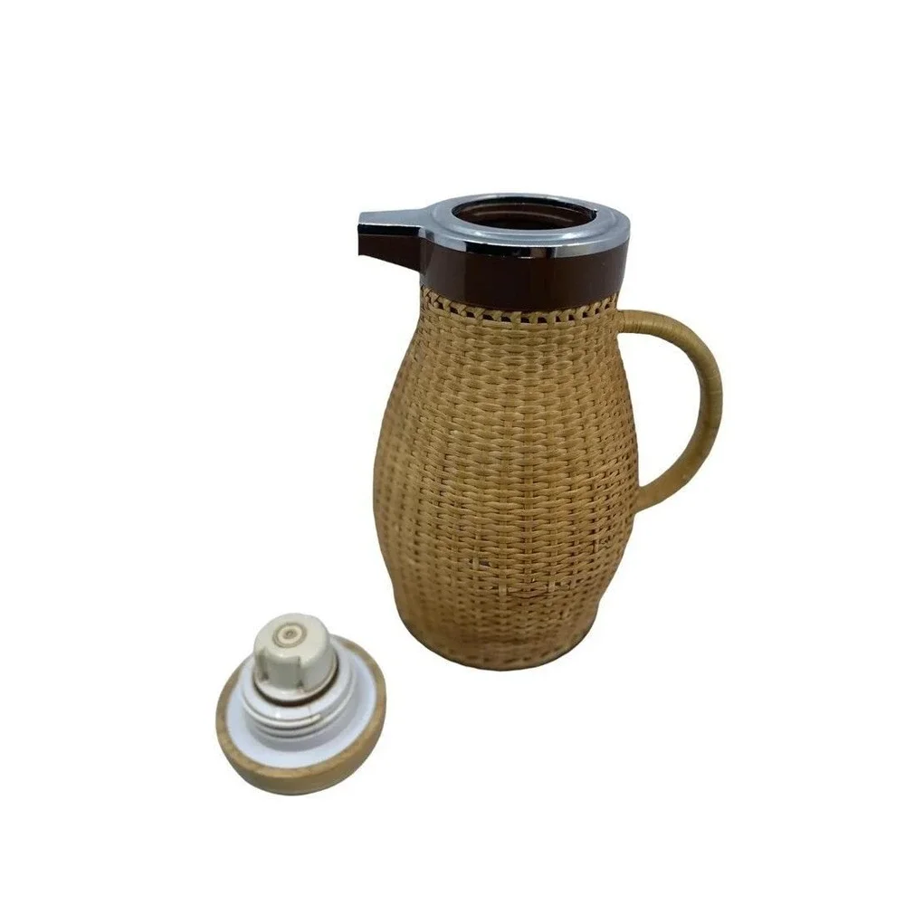 1960s Vintage Corning Ware Wicker Rattan Carafe / Coffee Dispenser